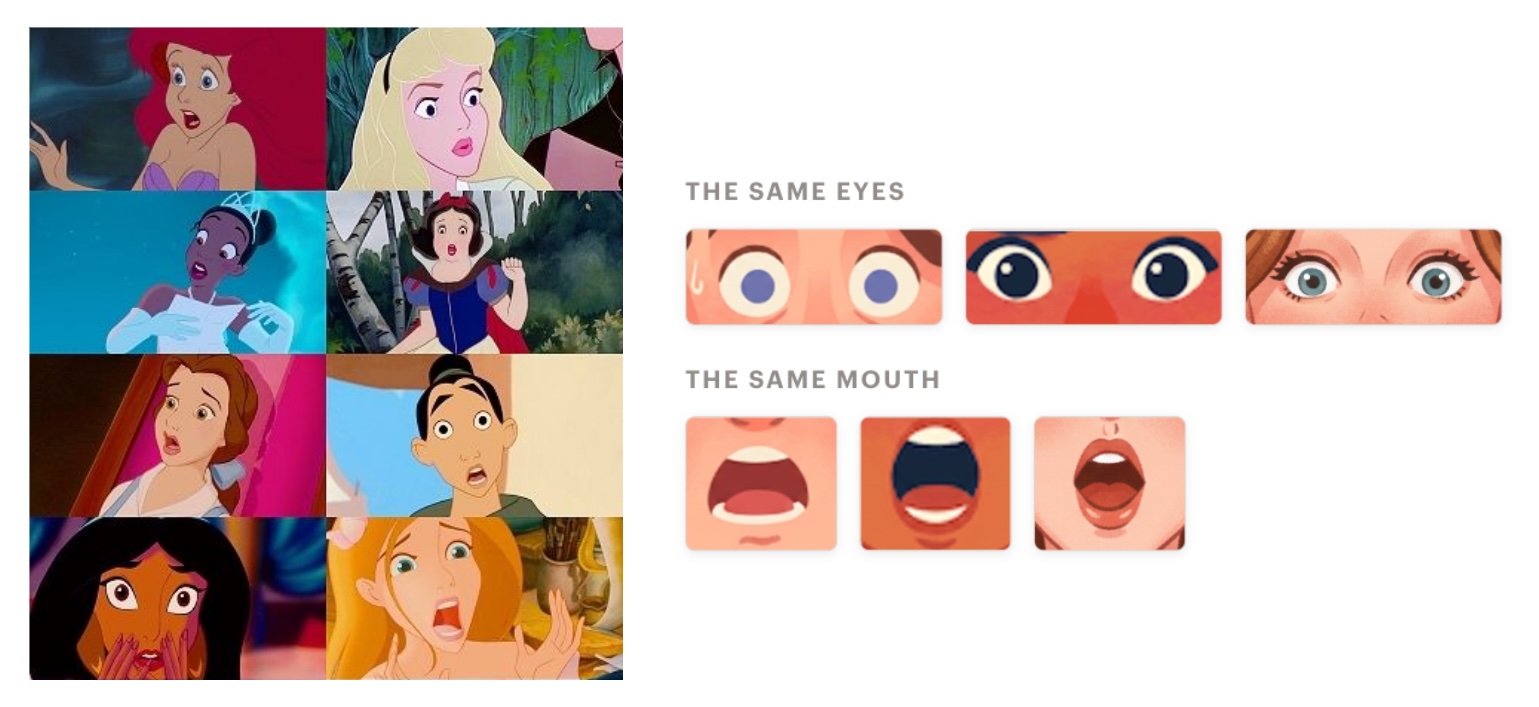A montage of surprised Disney princesses (Tiana, Snow White, Belle, Mulan, Jasmine, Cinderella) next to three Stile characters that the model has rendered as surprised - the Stile outputs share the princesses' wide round eyes, soft shaded skin, parted full lips and exaggerated cartoon proportions.