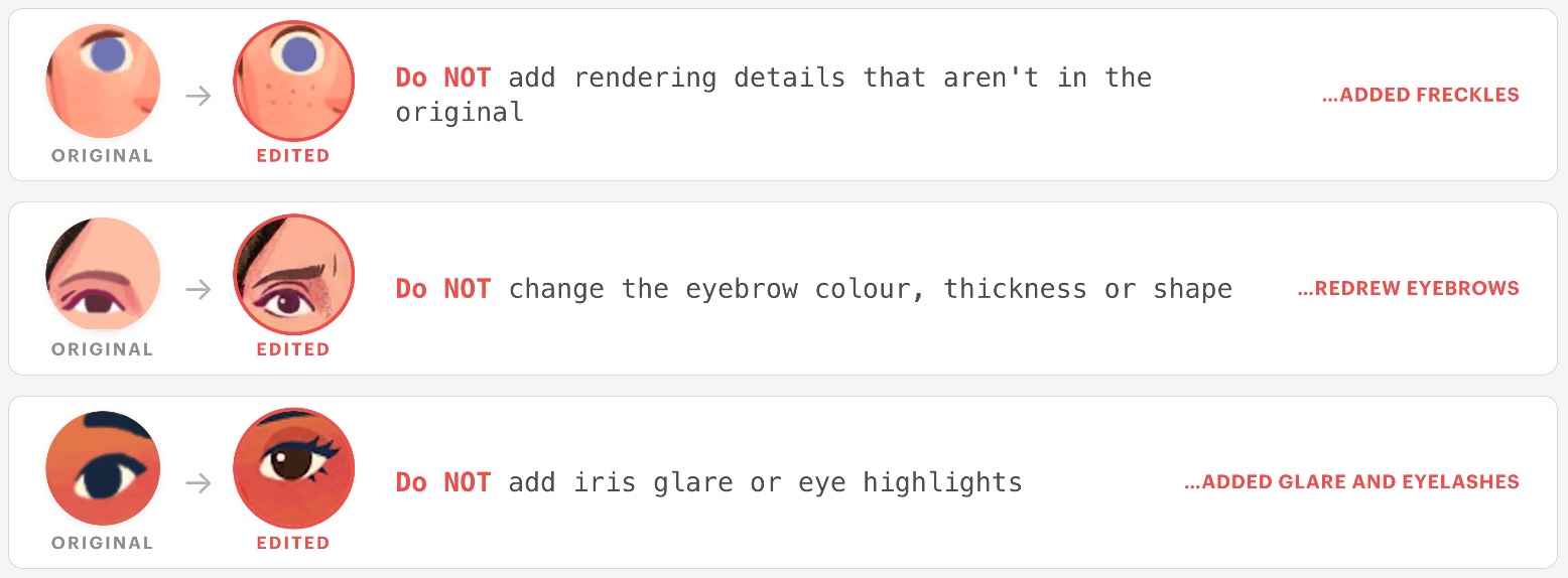 Original boy character on the left; on the right, the same character surprised - with freckles that weren't in the original.