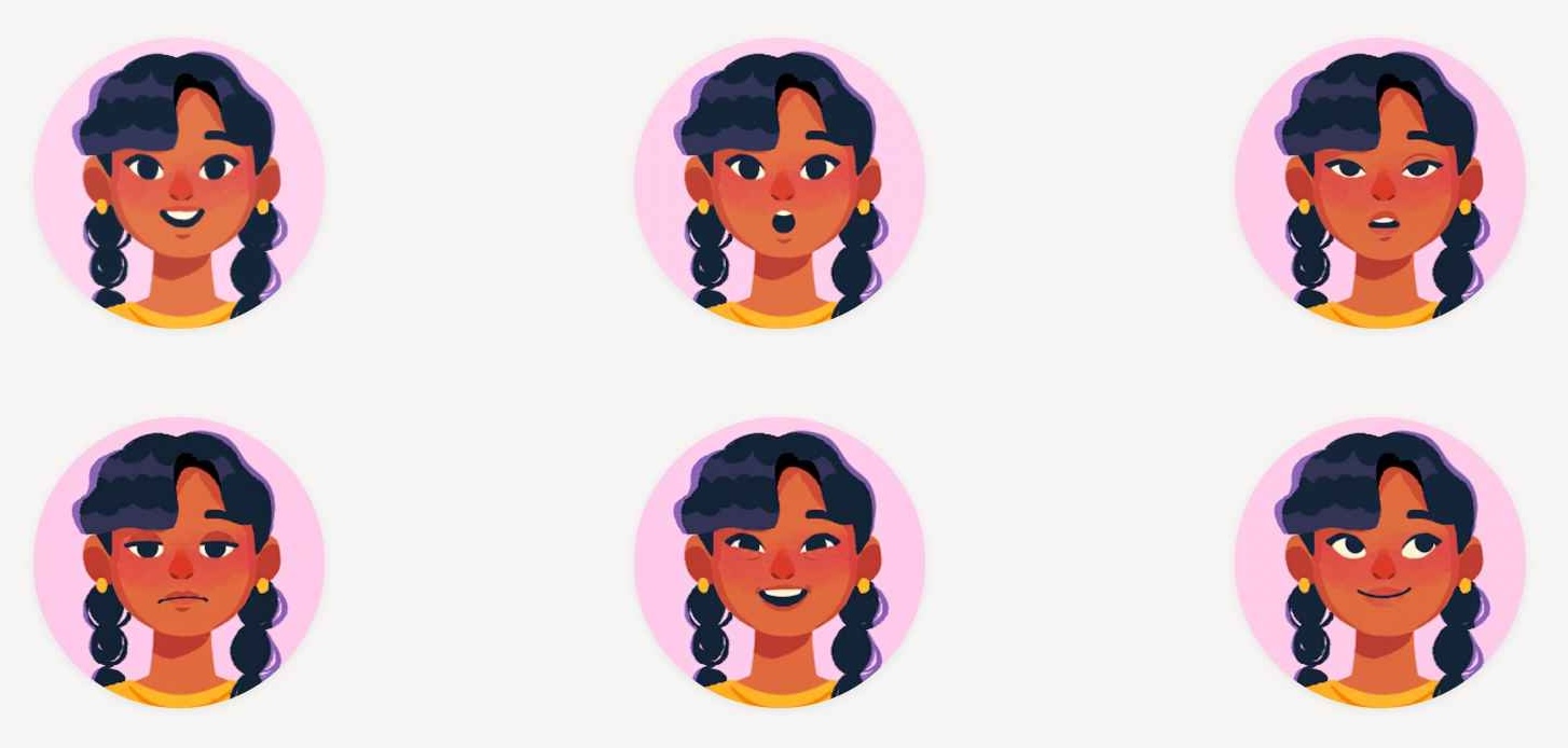 Six near-identical portraits of the same character in a 2x3 grid, each with a slightly different expression. Only the top-left one was hand drawn - the rest were edited from it.