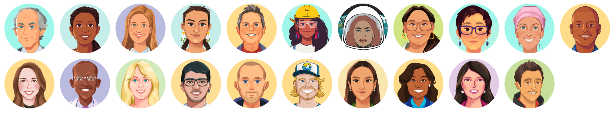 Roughly twenty-five Stile scientist portraits arranged in two rows - all in the same illustration style, all wearing some flavour of neutral smile.