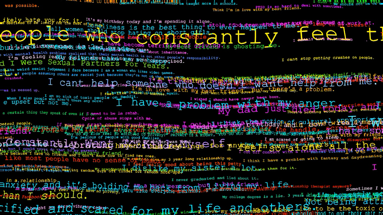 A whirlpool of confessions projected across two perpendicular walls